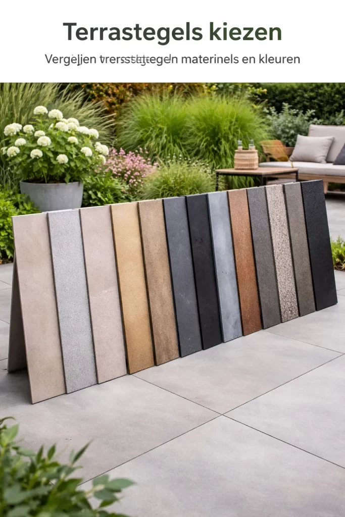 Moderne terrastegels in natuurlijke kleuren.