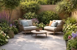 Lichtgrijze terrastegels laten een kleine tuin ruimer en rustiger ogen.