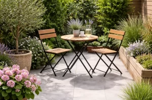 Lichte tegels die een klein terras ruimer laten ogen.