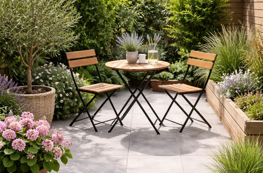 Lichte tegels die een klein terras ruimer laten ogen.