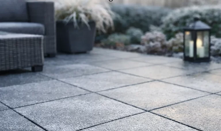 Realistische buitenruimte met duurzame, vorstbestendige terrastegels voor de winter.