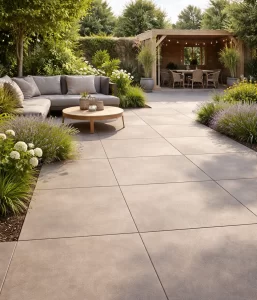 Licht beige terrastegels geven de tuin een rustige, warme en moderne uitstraling.