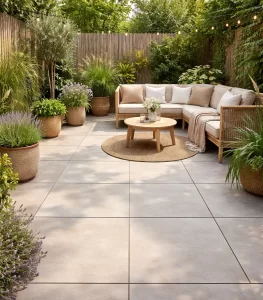 Moderne, lichte terrastegels die een kleine tuin ruim en fris laten ogen.