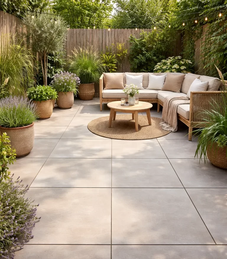 Moderne, lichte terrastegels die een kleine tuin ruim en fris laten ogen.