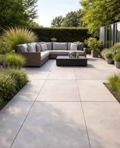 Moderne terraslook met grote, strakke tegels en een ruimtelijk gevoel.