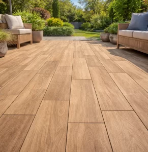 Realistische buitentegels met warme houtlook voor terras of tuin.