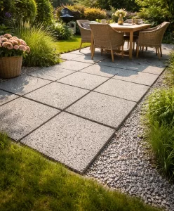 Moderne, waterdoorlatende terrastegels die regenwater snel afvoeren en zorgen voor een duurzame, onderhoudsvriendelijke tuin.