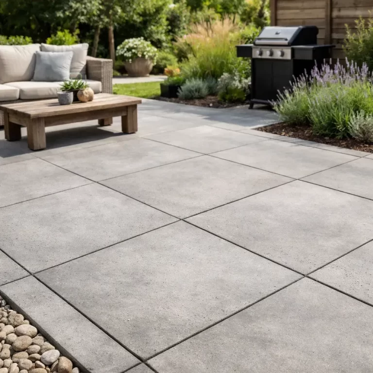 Grote grijze betontegels op een stijlvol terras met loungehoek, barbecue en groen in de tuin.