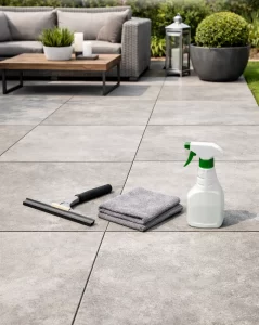 Strak terras met onderhoudsvriendelijke tegels die eenvoudig schoon te houden zijn.