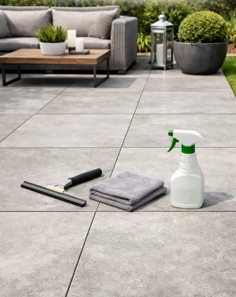 Strak terras met onderhoudsvriendelijke tegels die eenvoudig schoon te houden zijn.