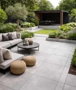 Strakke grijze terrastegels met een stijlvolle, moderne uitstraling voor een rustige en elegante tuin.