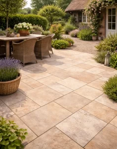 Natuurlijke terrastegels in zachte beige tinten zorgen voor een warme, tijdloze en sfeervolle buitenruimte.