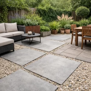 Stijlvol en natuurlijk terras met grote tegels en siergrind.