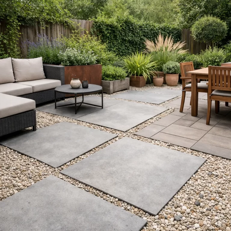 Stijlvol en natuurlijk terras met grote tegels en siergrind.