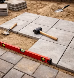 Strakke plaatsing van terrastegels op een egale en stevige ondergrond.