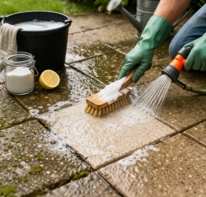 Terrastegels reinigen met water, groene zeep en een borstel.