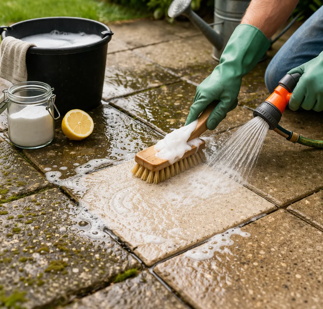 Terrastegels reinigen met water, groene zeep en een borstel.