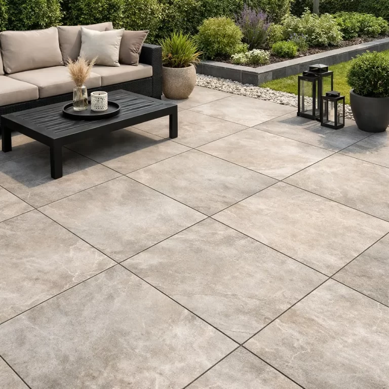 Stijlvol terras met betaalbare grootformaat tegels in een chique, moderne look.