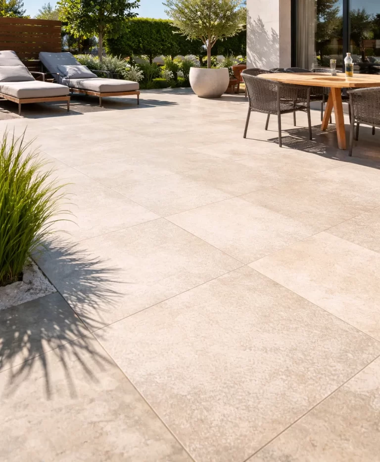 beschrijving: Licht beige keramische terrastegels die koel blijven,