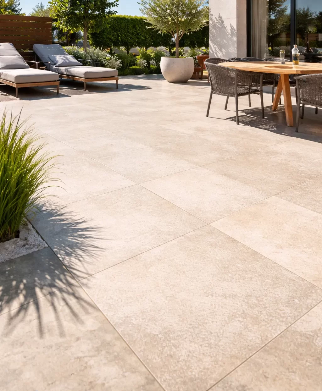 beschrijving: Licht beige keramische terrastegels die koel blijven,