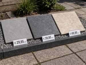 Home Fotorealistische vergelijking van terrastegels in verschillende prijsklassen per vierkante meter.