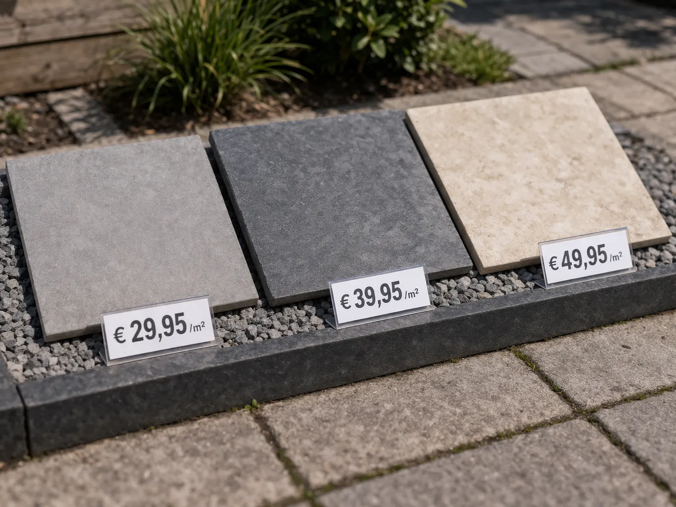 Fotorealistische vergelijking van terrastegels in verschillende prijsklassen per vierkante meter.